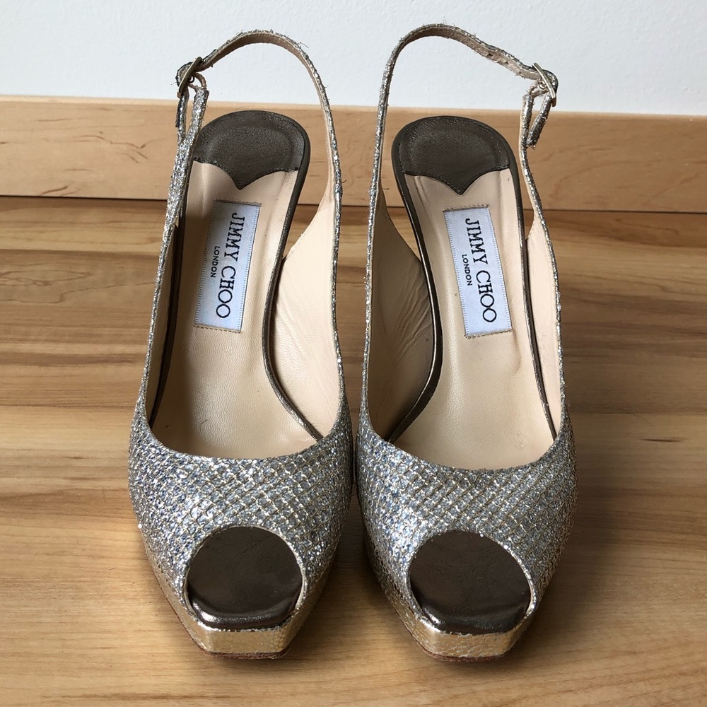 Jimmy Choo Silver Open-Toe Slingback Stilettos 5”